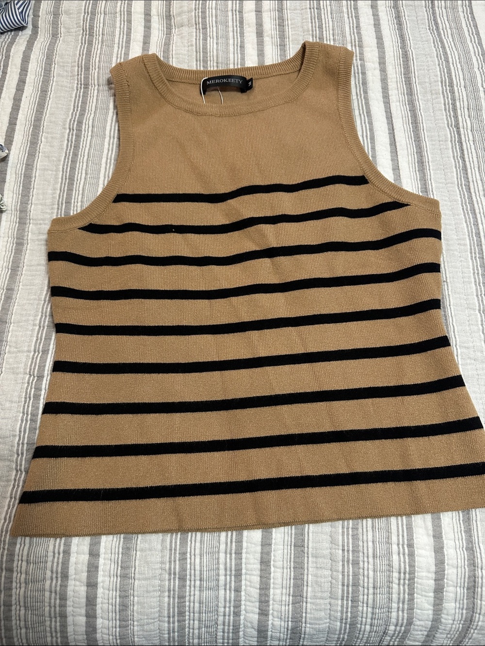 Tan and Black Striped Sleeveless Knit Tank
